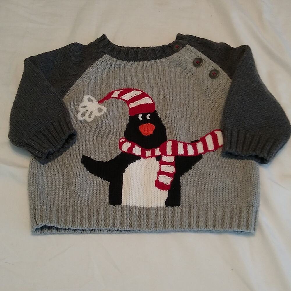 Janie And Jack Boy Grey Knit Penguin Sweater Holiday Cotton 3/6 months.